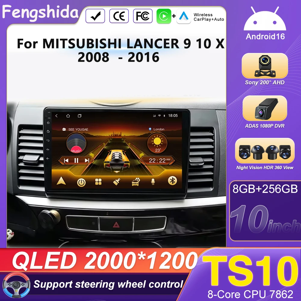 Android 16 For MITSUBISHI LANCER 9 10 X 2008 2009 2010 2011 - 2016 10 Inch Car Carplay Radio Multimidia Video Navigation GPS 5G