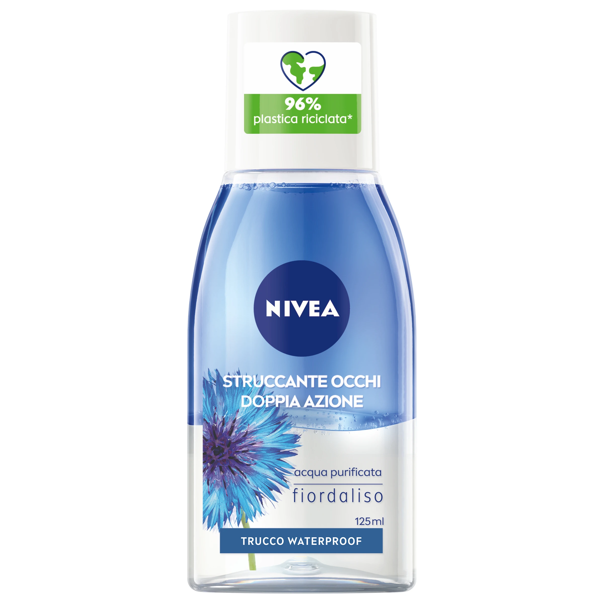 NIVEA Double Action 125 ml Desmaquillante de ojos doble, bifásico con extractos de aciano para limpieza facial Adecuado para maquillaje y rímel resistente al agua
