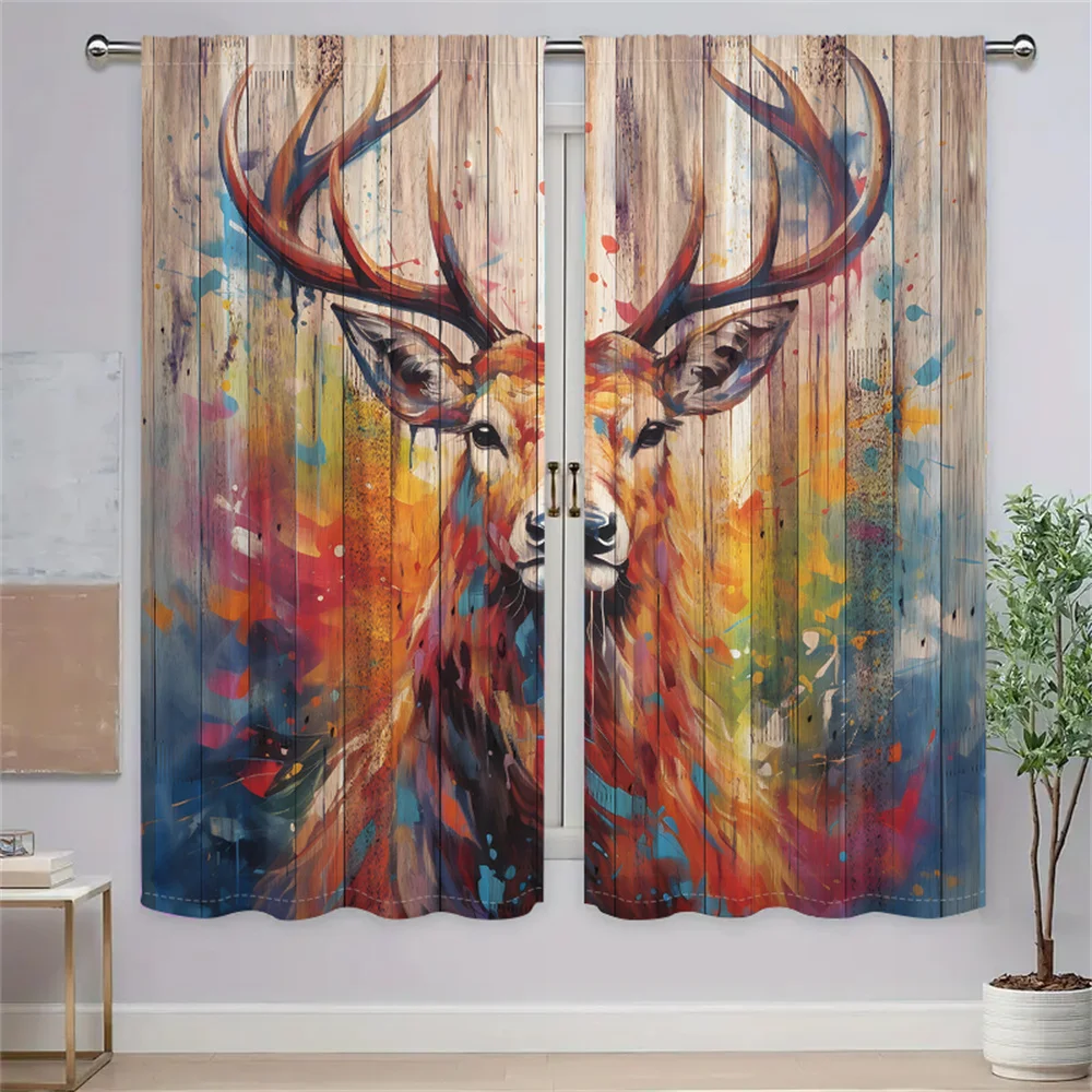 2 Pcs Deer Art Curtains Vintage Wood Board Painting Living Room Bedroom Window Decor Curtains 3D Digital Print Sunshade Curtains