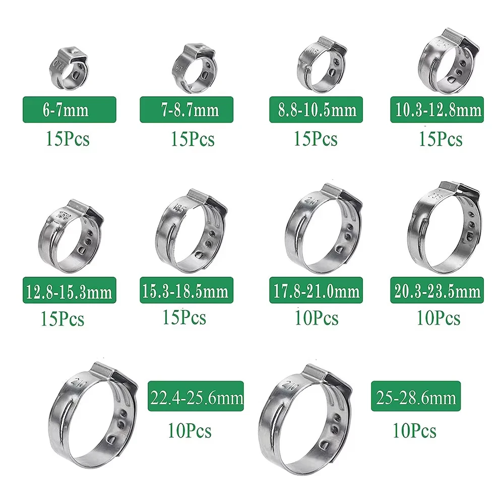 130pcs Single Ear Stepless Fuel Hose Clamp Ring with Pliers Combination 6-28.6mm 10sizes Stainless Steel Clamp Tightening Ring