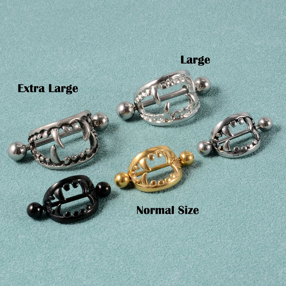 Pair 361L Surgical Steel Nipple Barbell Ring Vampire Teeth Nipple Shield Punk Mouth Nipple Piercing 14G Body Jewelry