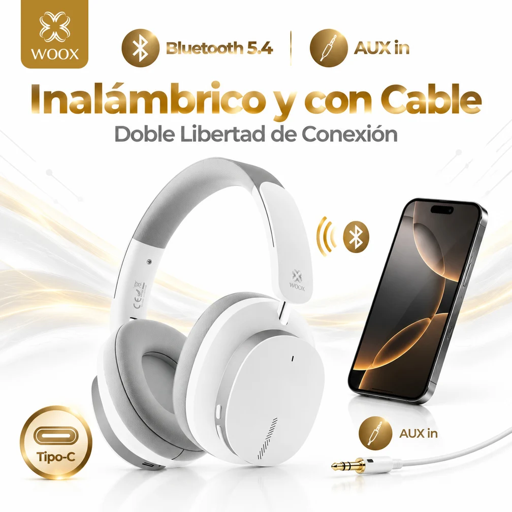 WOOX MX0224 Auriculares Inalámbricos Over-Ear con Bluetooth 5.4 | Diadema Plegable | 6h de Autonomía | 200mAh | Bajos Profundos | Entrada AUX | Carga Tipo-C | Llamadas Manos Libres | Auriculares Cómodos con Almohadillas Suaves | para Música Gaming Trabajo