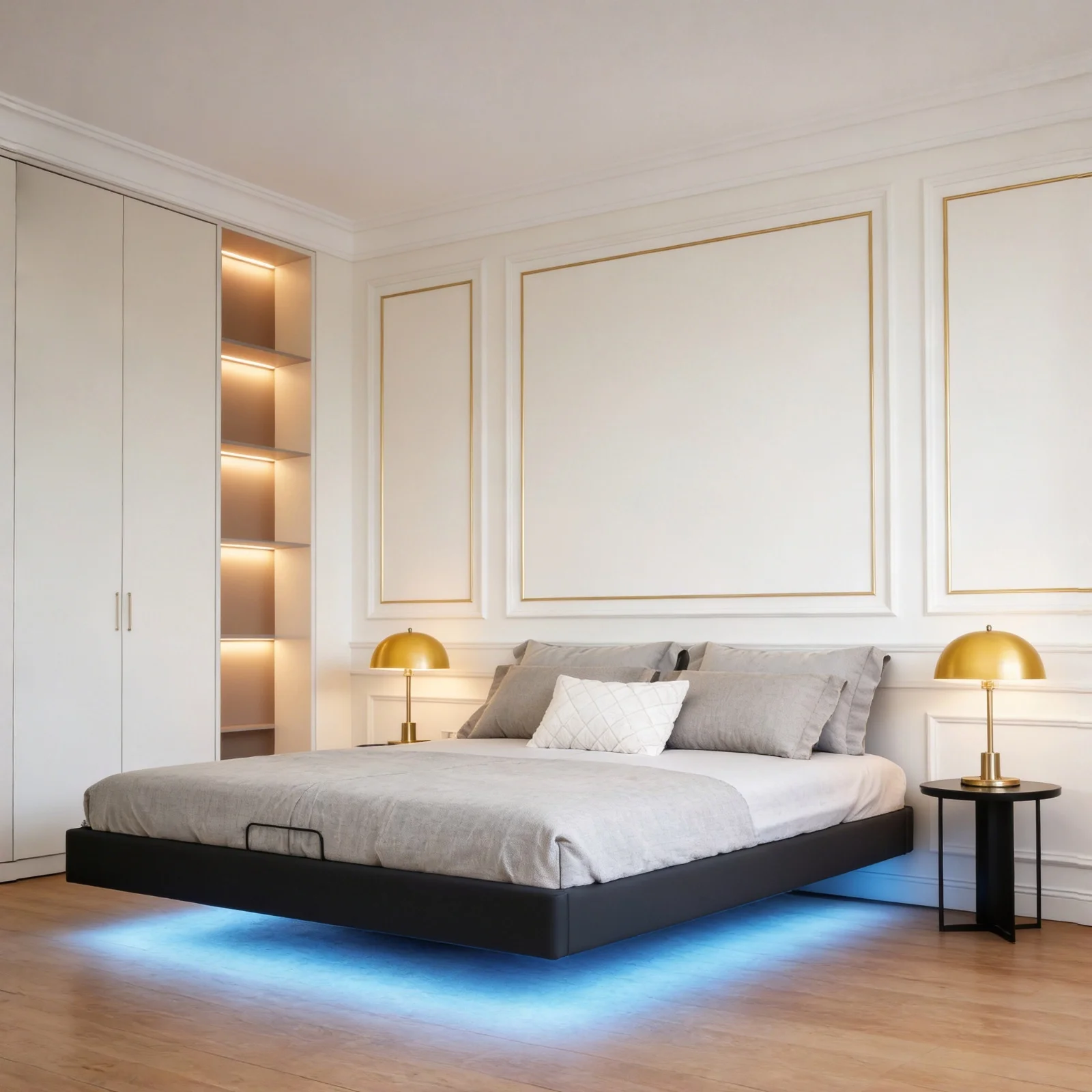 Cama doble MINGZHE de 160 cm, cama flotante con USB, cama para 2 personas con somier, estructura de cama y base con luces LED