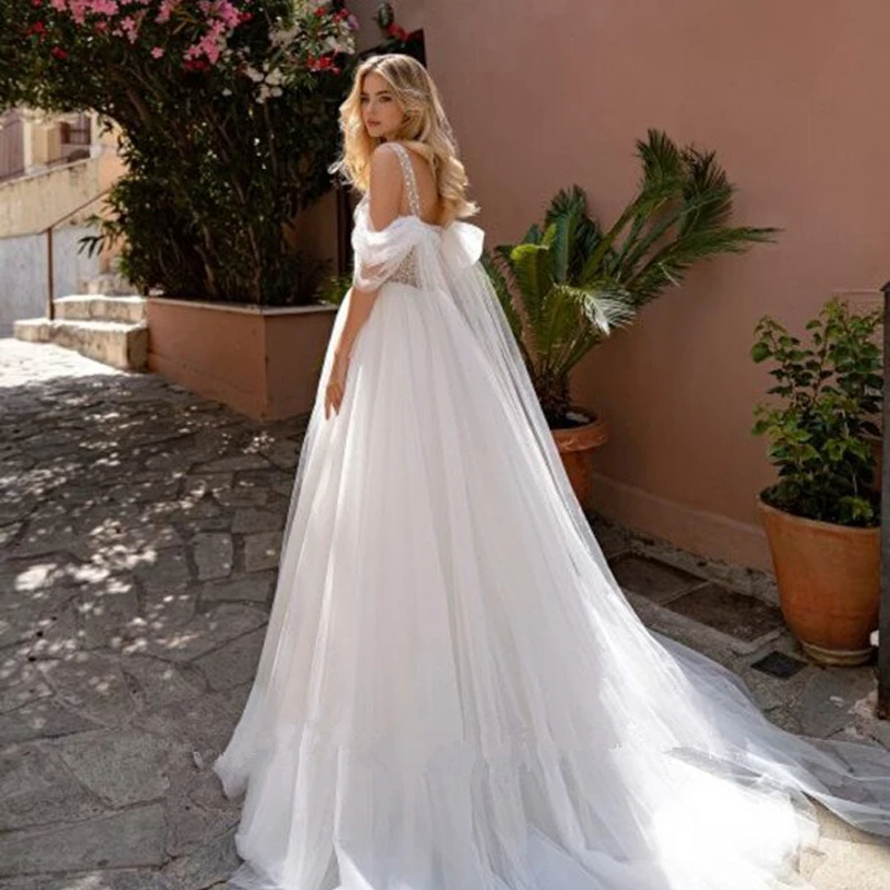 Off the Shoulder Sweetheart Tulle Bridal Gowns Beach Beading Wedding Dresses C2621