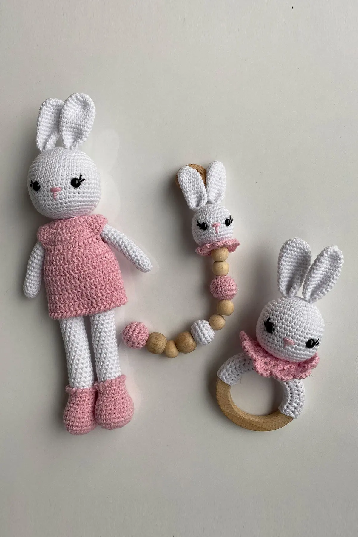 

Handmade Amigurumi Pink Rabbit 29 cm Rattle and Pacifier Chain Set of Three