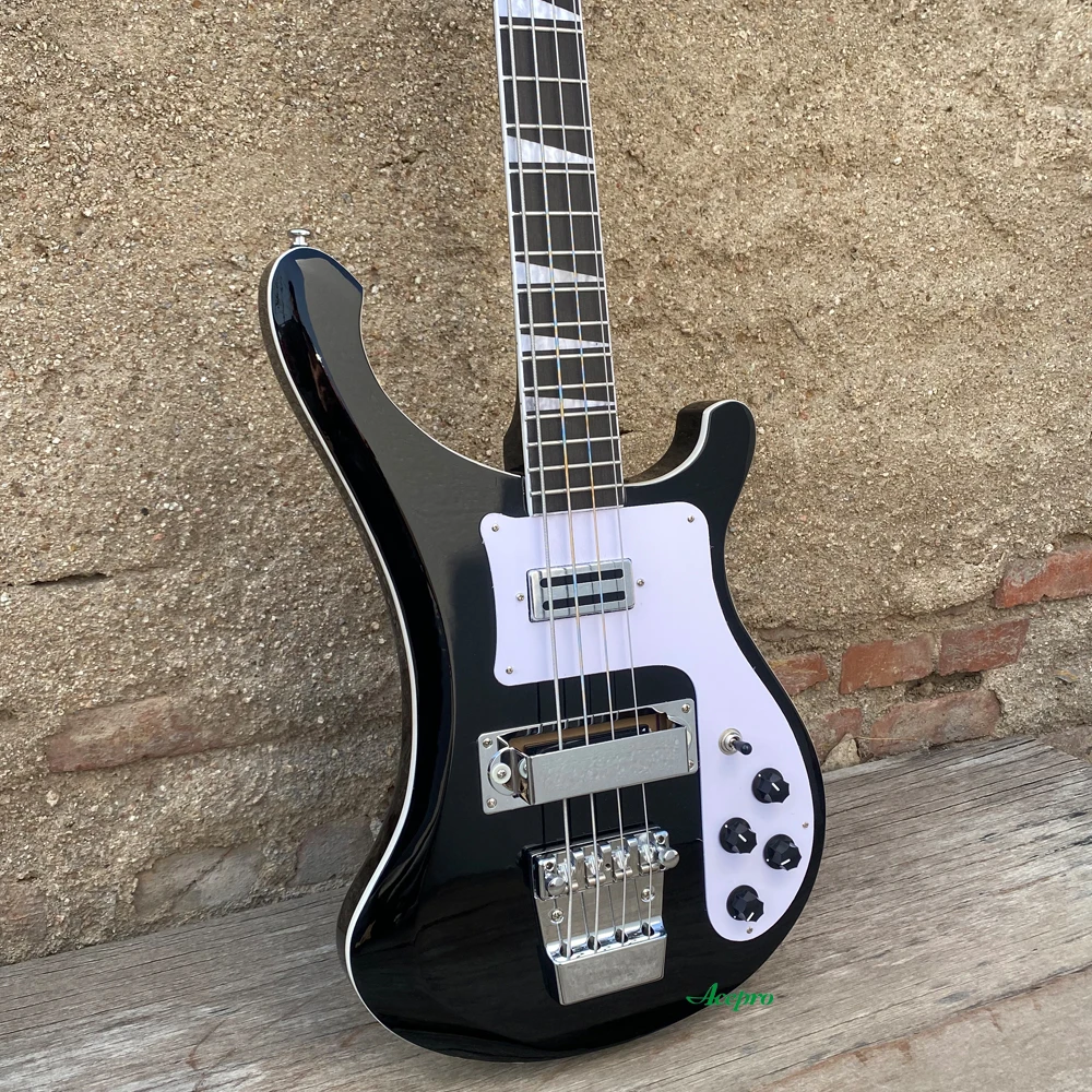 Electric Bass Guitar Black 4 Strings, Upgrade Adjustable Bridge Available, White Pickguard, Chrome Hardware