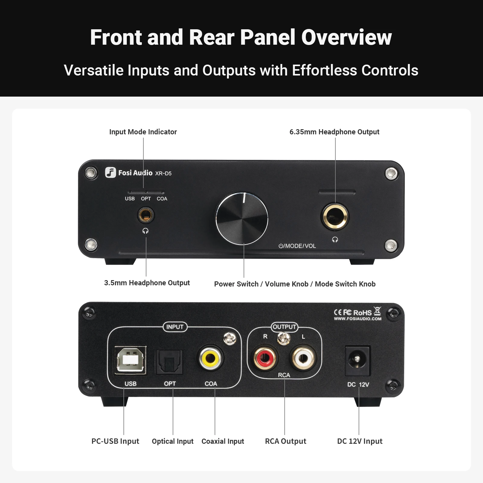 Fosi Audio XR-D5 Mini USB DAC AMP 16-300Ω ESS9018K2M Decoder Headphone Amplifier for Desktop Powered/Active Speakers/Amplifier