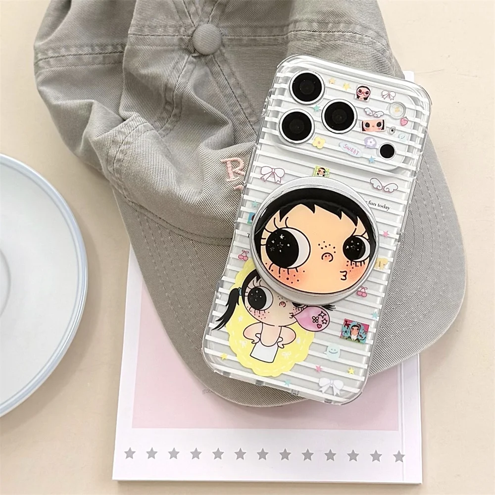 

Korean Striped Cartoon Girl Magnetic Phone case for iPhone 15 Pro 15 16 Max 16 17 Pro Max Cover with Magsafe stand Shockproof co