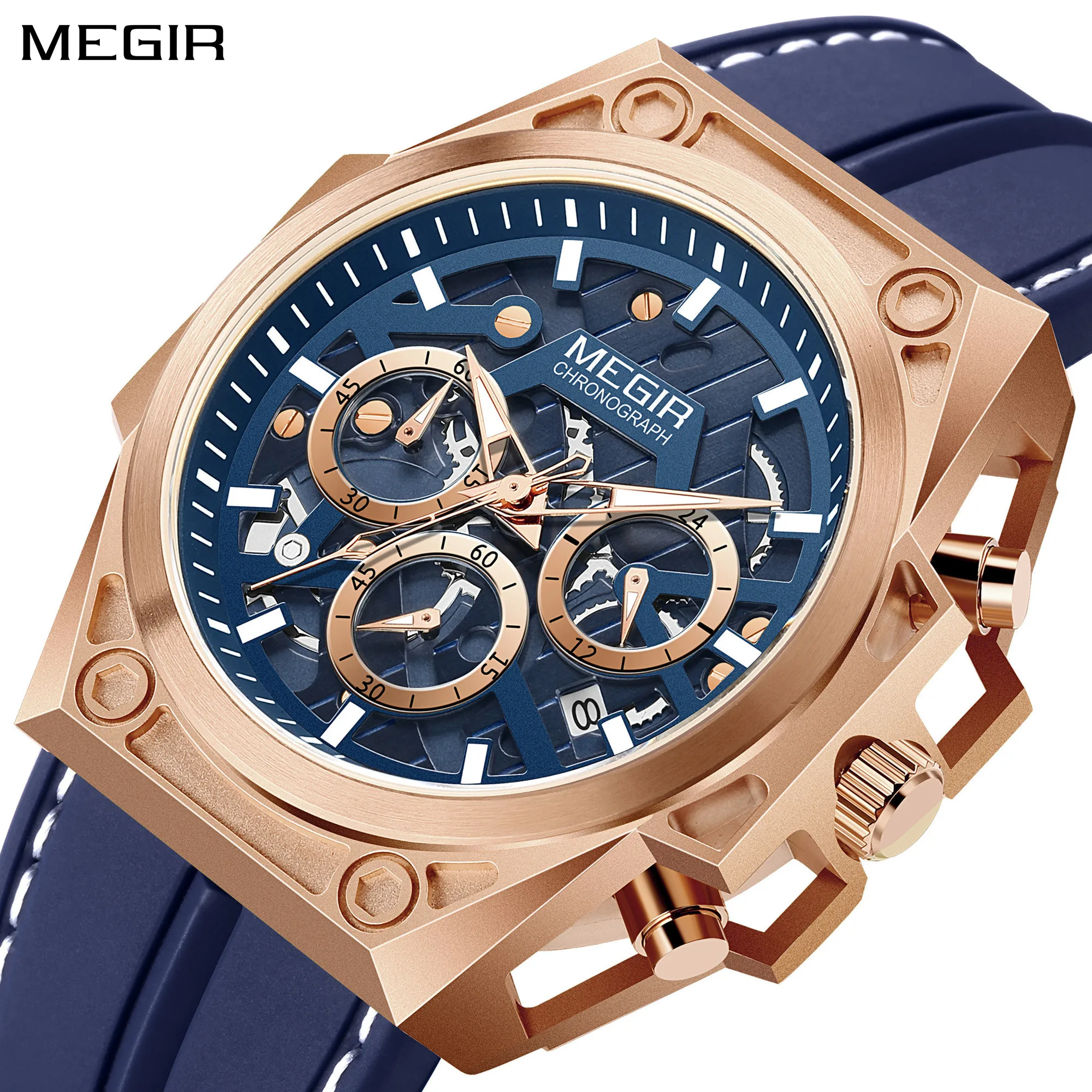 MEGIR Mens Watches Luxury Brand Chronograph Sport Silicone Military Quartz Watch Calendar Waterproof Man Wristwatch Date Clock