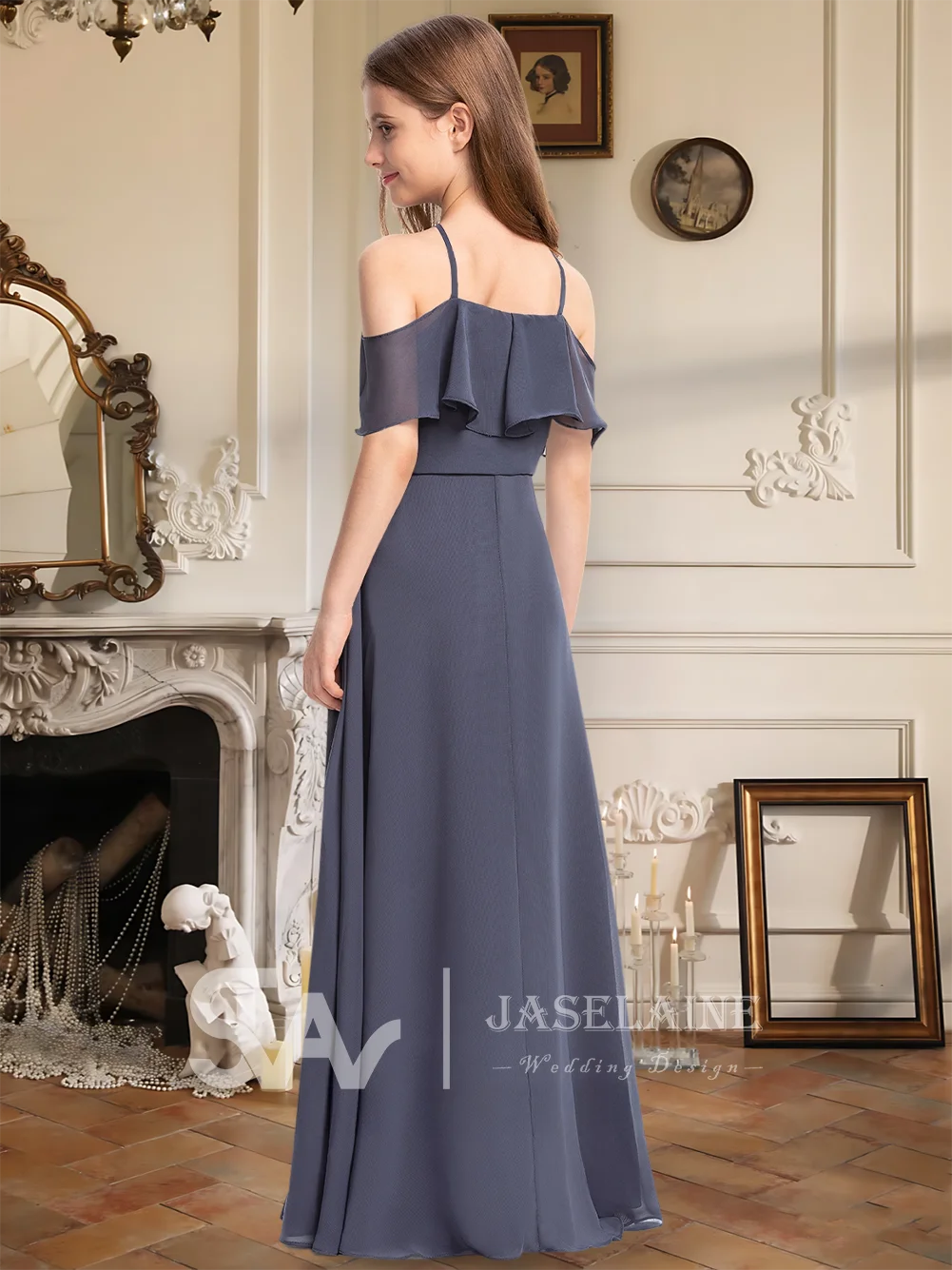 A Line Cold Shoulder Halter Junior Bridesmaid Dress Flower Girl Dress Floor Length Chiffon Cascading Ruffle Wedding Formal Dress