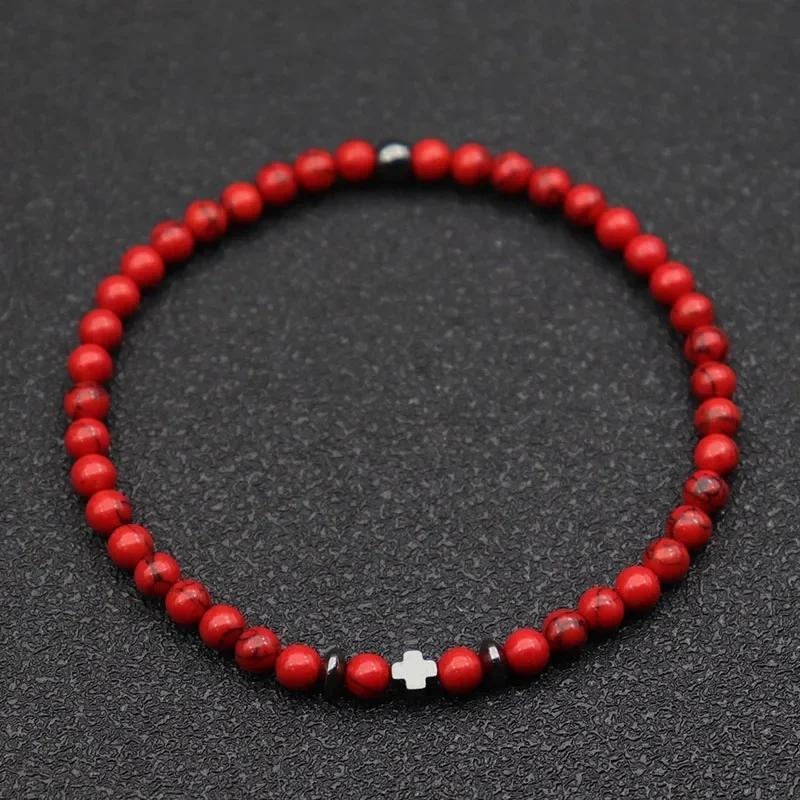 Nouvelle mode croix Bracelet pour hommes 4mm petites perles brin Braslet naturel rouge Howlite pierre de lave Bracelet hématite guérison Joias