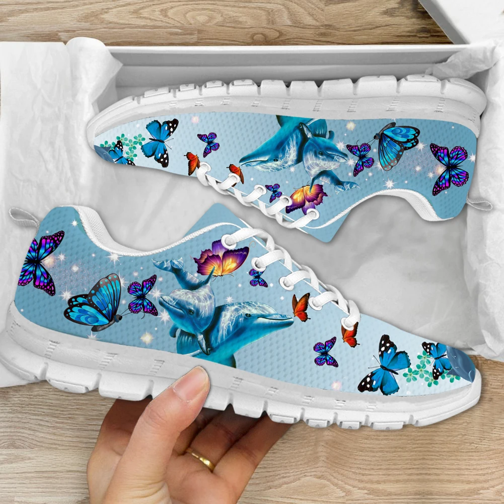 INSTANTARTS 2023 Ladies Casual Sneakers Butterflies and Dolpin Pattern Women's Flat Shoes Breathable Sport Athletic Gym Footwear