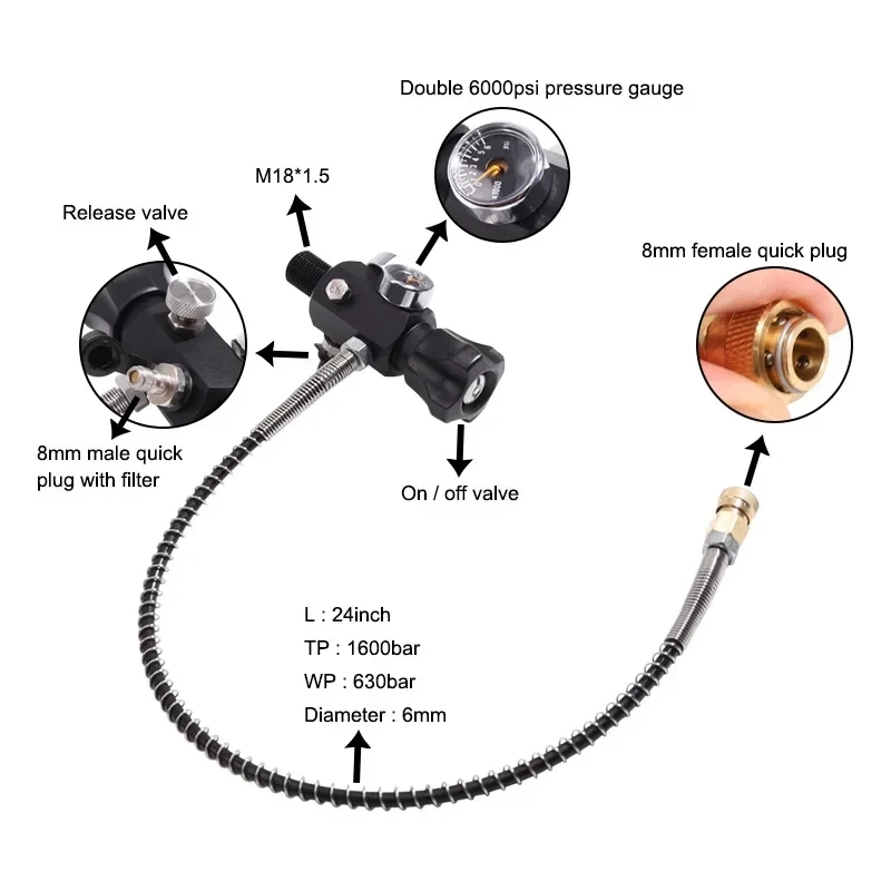 ACECARE 4500psi 300Bar 4.7L Koolstofvezel Cilinder Hogedruk Tank Laadregelaar Vulstation Dual Gauge Klep M18 * 1.5