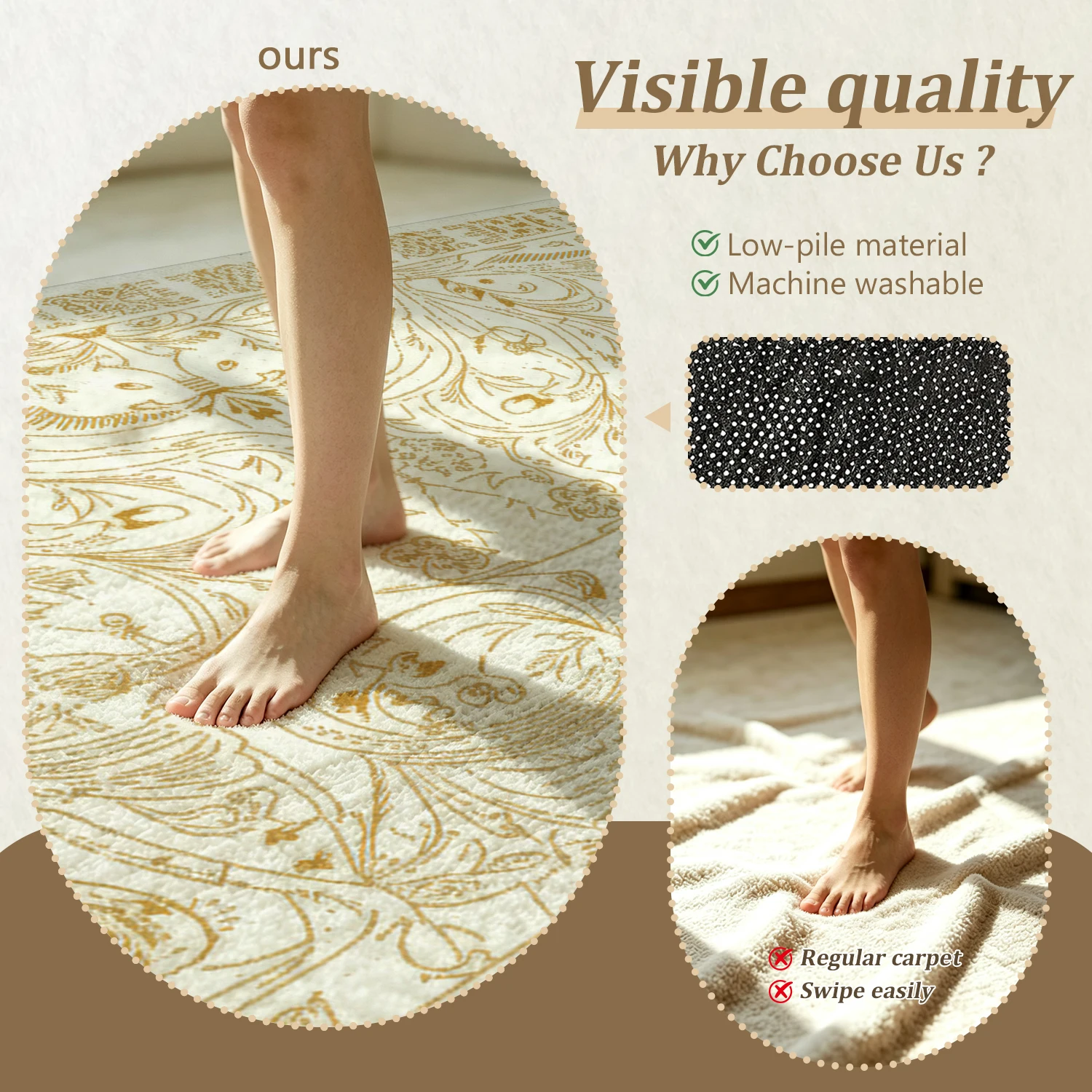 Large Indoor Area Rug, Soft Velvet Low Pile Non-slip Machine Washable, Gold Ornate Vintage Scrollwork Pattern, Ideal for Living Room and Bedroom Home Decor