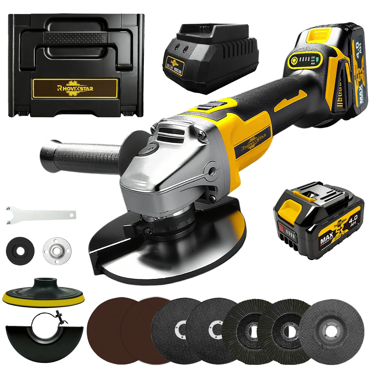 Rhovixstar 20V Cordless Angle Grinder 125mm, Brushless Electric Grinding Cutting Machine, 3 Speed 9000RPM, Compatible with Makita 18V Battery