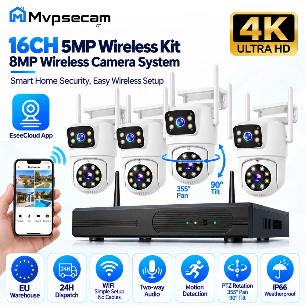 Kit NVR WiFi 16CH 5MP, système de caméra de sécurité PTZ à double objectif 8MP, CCTV sans fil 4K, IP66 extérieur, audio bidirectionnel, détection de mouvement, 355 °   Pan 90 °   Caméra de surveillance vidéo EseeCloud à inclinaison, vision à distance, entrepôt UE, expédition 24h, installation facile, pour maison, villa, boutique