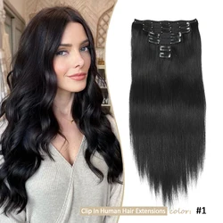 Extensiones de cabello humano con Clip de cabeza completa, cabello virgen Real, negro profundo, Clip Invisible, 7 juegos, cabello Remy