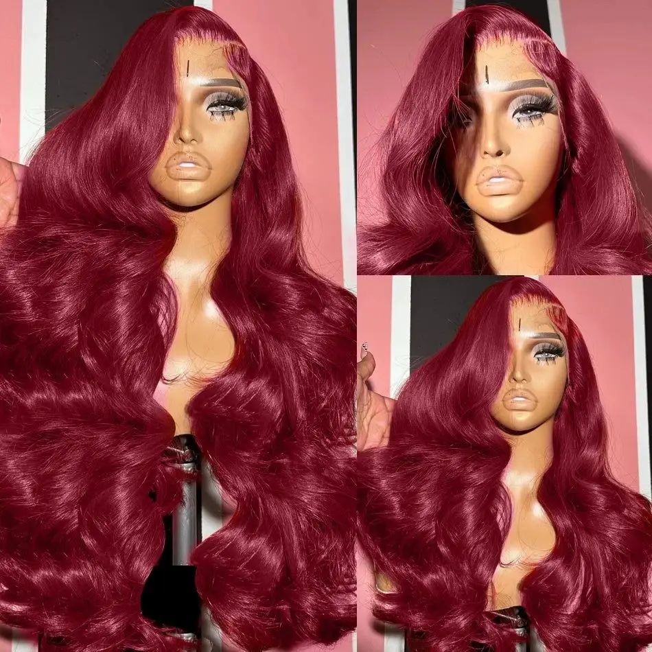 Perruque Lace Front Wig Body Wave brésilienne naturelle, cheveux humains colorés, bordeaux 99j, 13x6, 13x4, 30-36 pouces, pour femmes