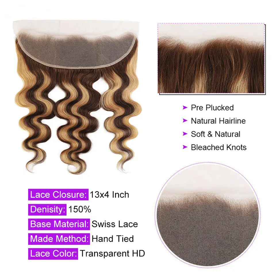 Pacotes de cabelo humano brasileiro natural, Lace Frontal, Honey Blonde Highlight, Body Wave, 3 Bundle, 13x4, P4-27