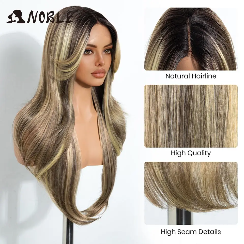 Noble 26 Inch Ombre Brown Blonde Highlight Synthetic Lace Front Wig Glueless Straight Lace Front Layered Wig For Women Lace Wig