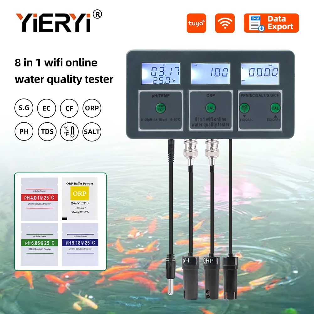 Yieryi 8-in-1 WiFi Smart Water Quality Tester PH ORP TDS EC SALT S. G TEMP CF Monitor Real-Time App Detector for Aquariums Pool