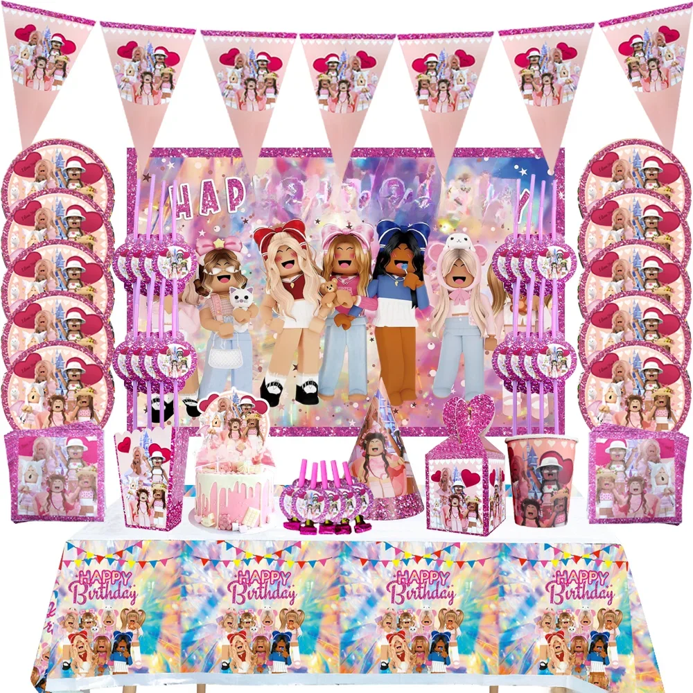 Dessin animé rose Roblox décorations de fête d'anniversaire serviettes ballons assiette filles bébé douche jetable Robot vaisselle ensemble de fournitures