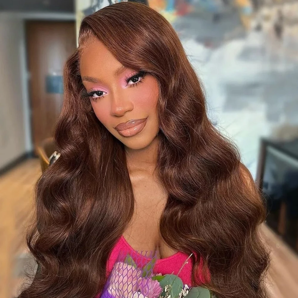 

Chocolate Brown 13x4 Lace Front Wig Brazilian Pre Plucked 13x6 Lace Frontal Wig Dark Brown Body Wave Human Hair Wig 200% Density