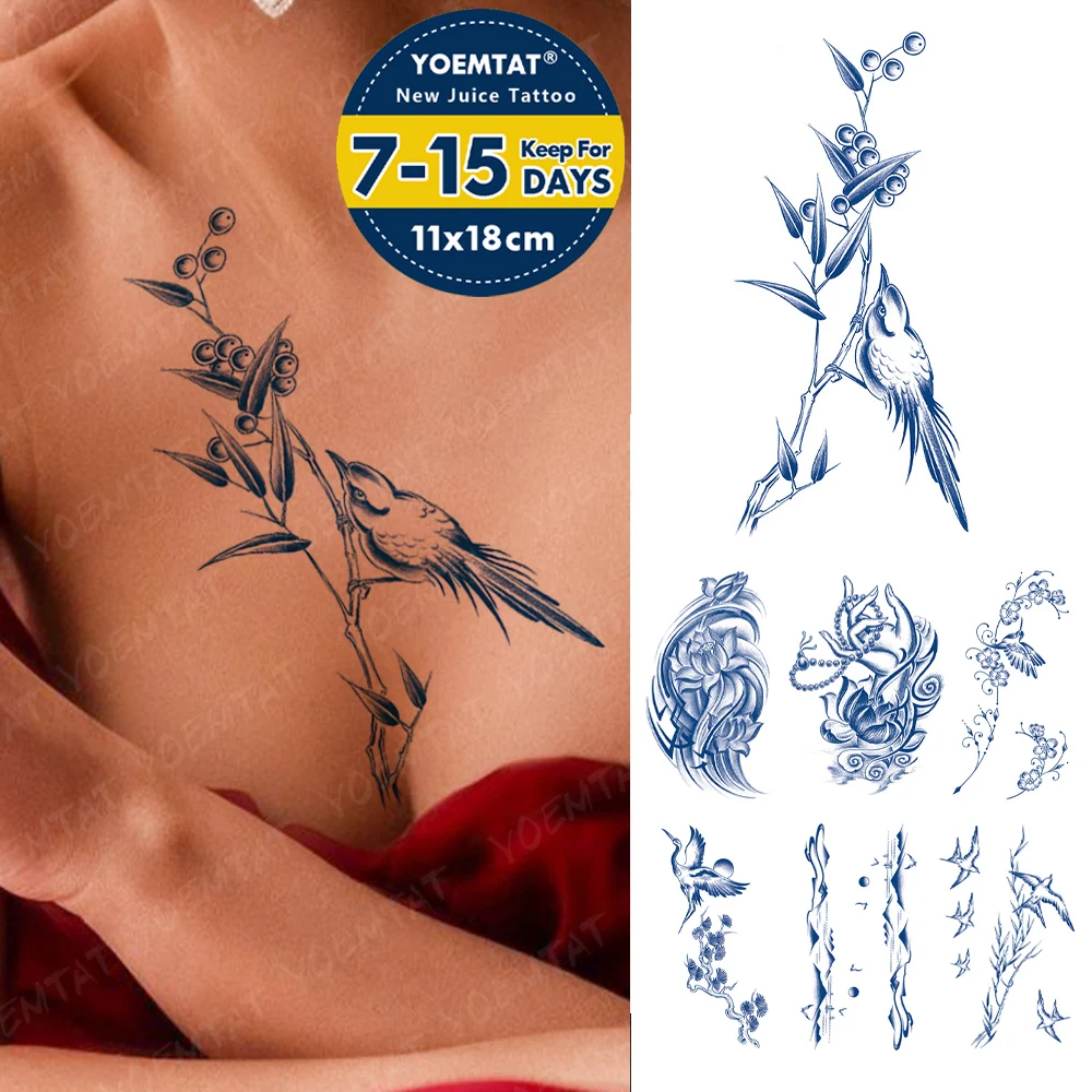 Juice Ink Lasting Tattoo Chinese Bird Bamboo Waterproof Temporary Tattoos Stickers Semi-Permanent Body Art Fake Tatto Women Men