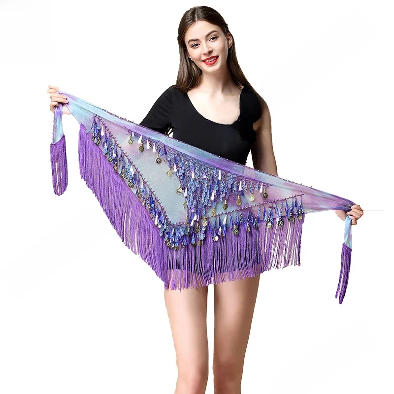 Kobiety pas bellydance szalik hip akcesoria do tańca brzucha wiszące kolczyki z cekinami trójkąt Wrap kostium pas szal szyfonowa szalik z frędzlami — zdjęcie 2