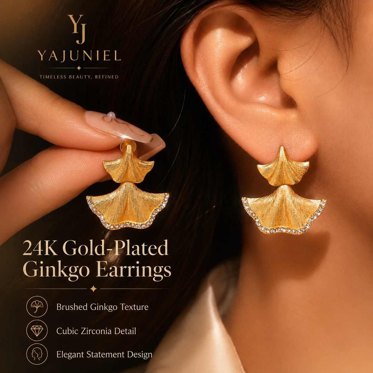 YAJUNIEL 24K Gold Plated Brushed Ginkgo Leaf Drop Earrings for Women Hypoallergenic Brass Fan Dangle Earrings Jewelry Gifts