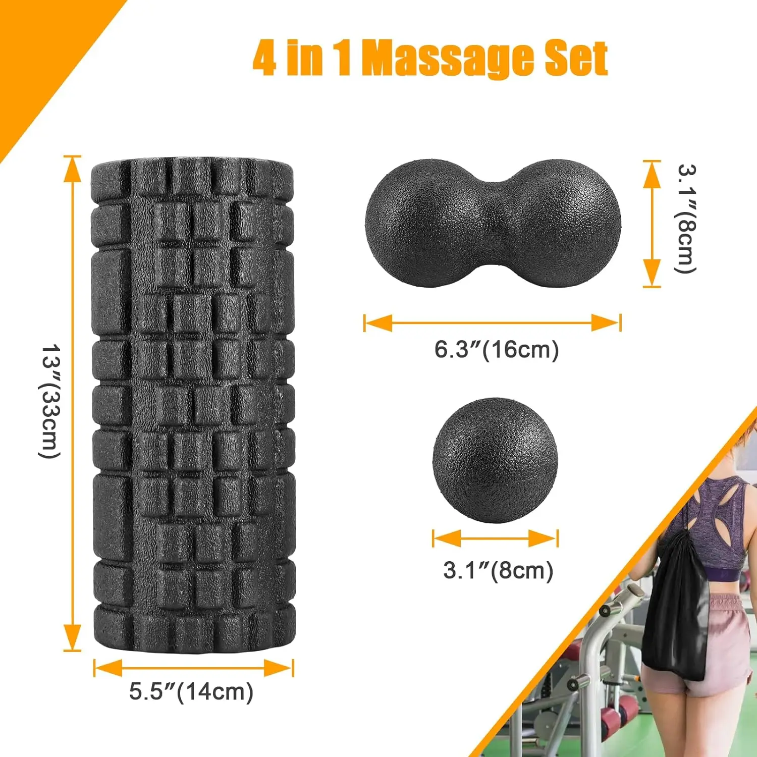 4 in 1 Yoga Foam Roller Fitness Balls Set  with Carry Bag Back Roller Foam for Back Pain Massager Physical Therapy Stretching