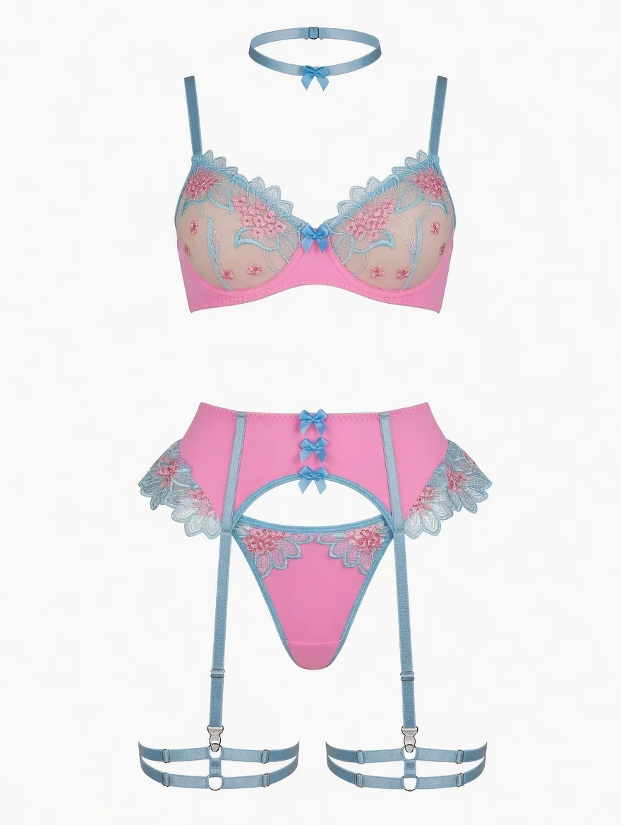 

Premium Pink Blue Floral Lace Mesh Lingerie Set Women Underwire Bra High Waist Garter Thong Set
