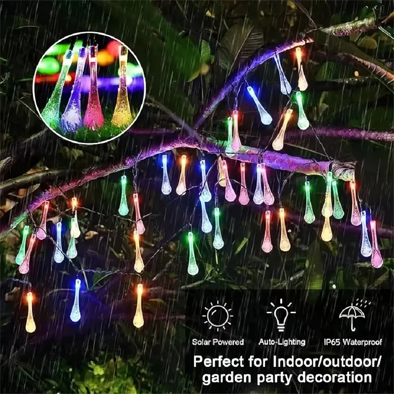 Solar water droplet light, 5M/6.5M/9.5M waterproof fairy string light, LED landscape light, suitable for outdoor decoration