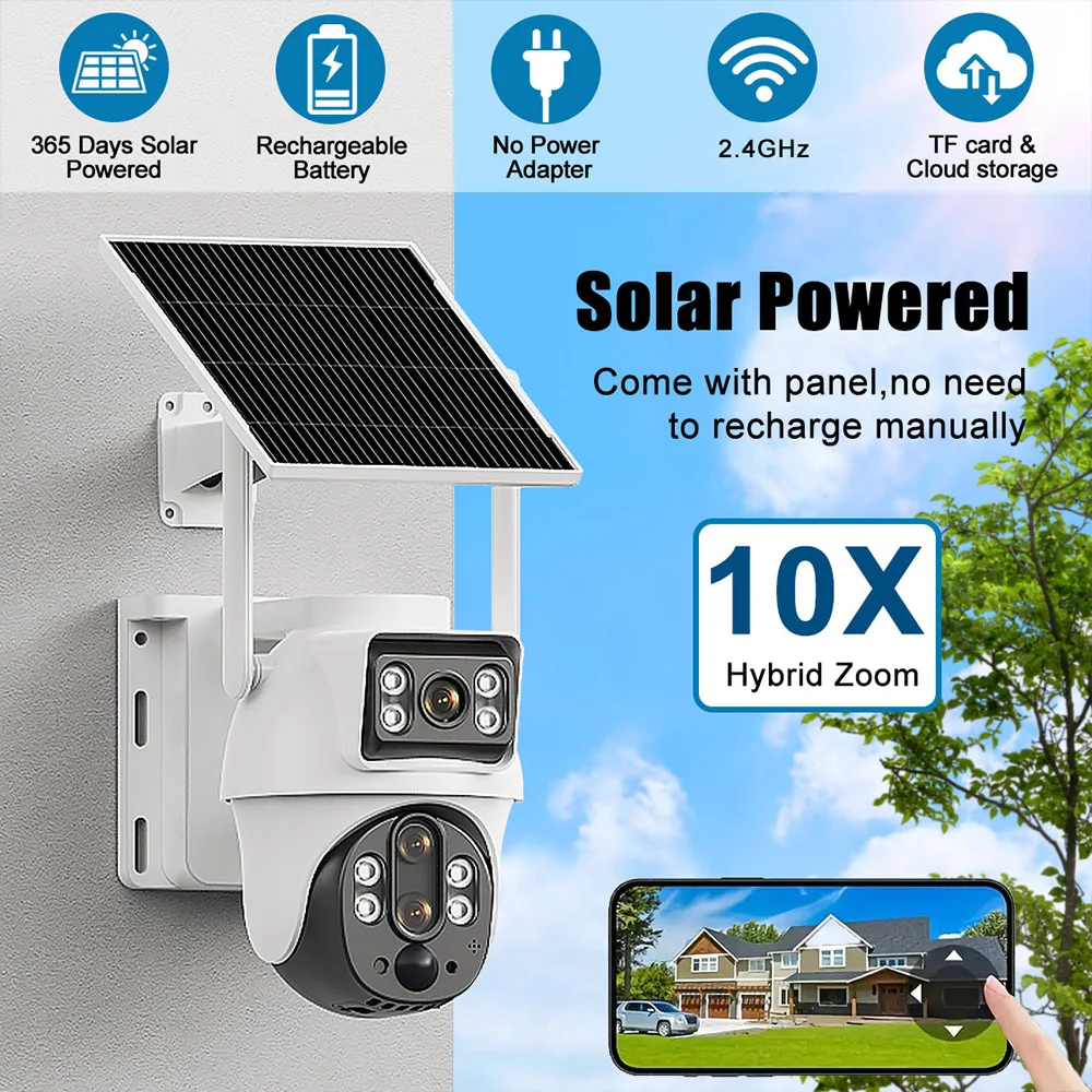 XIAOVV WLAN-Solarkamera mit Doppellinsen für Außenbereich, 6MP, Energiesparende Akku-IP-Kamera, PIR-Nachtsicht, Kabellose Sicherheitskamera
