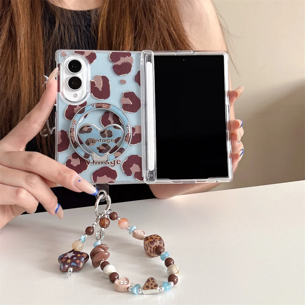 Fashion Blue Leopard Print Magnetic Phone case for Samsung Galaxy Z Fold 8 7 6 Fold 6 5 4 Fold 7 Cover With Magsafe Stand Chain