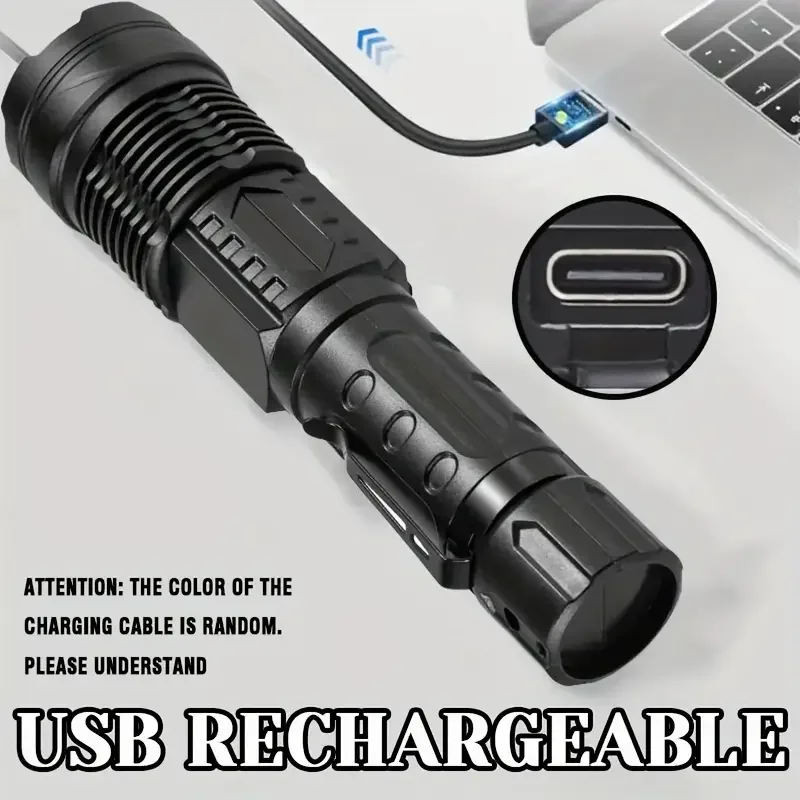 High lumen LED flashlight, portable multifunctional flashlight, powerful adjustable portable lamp, built-in USB charging.