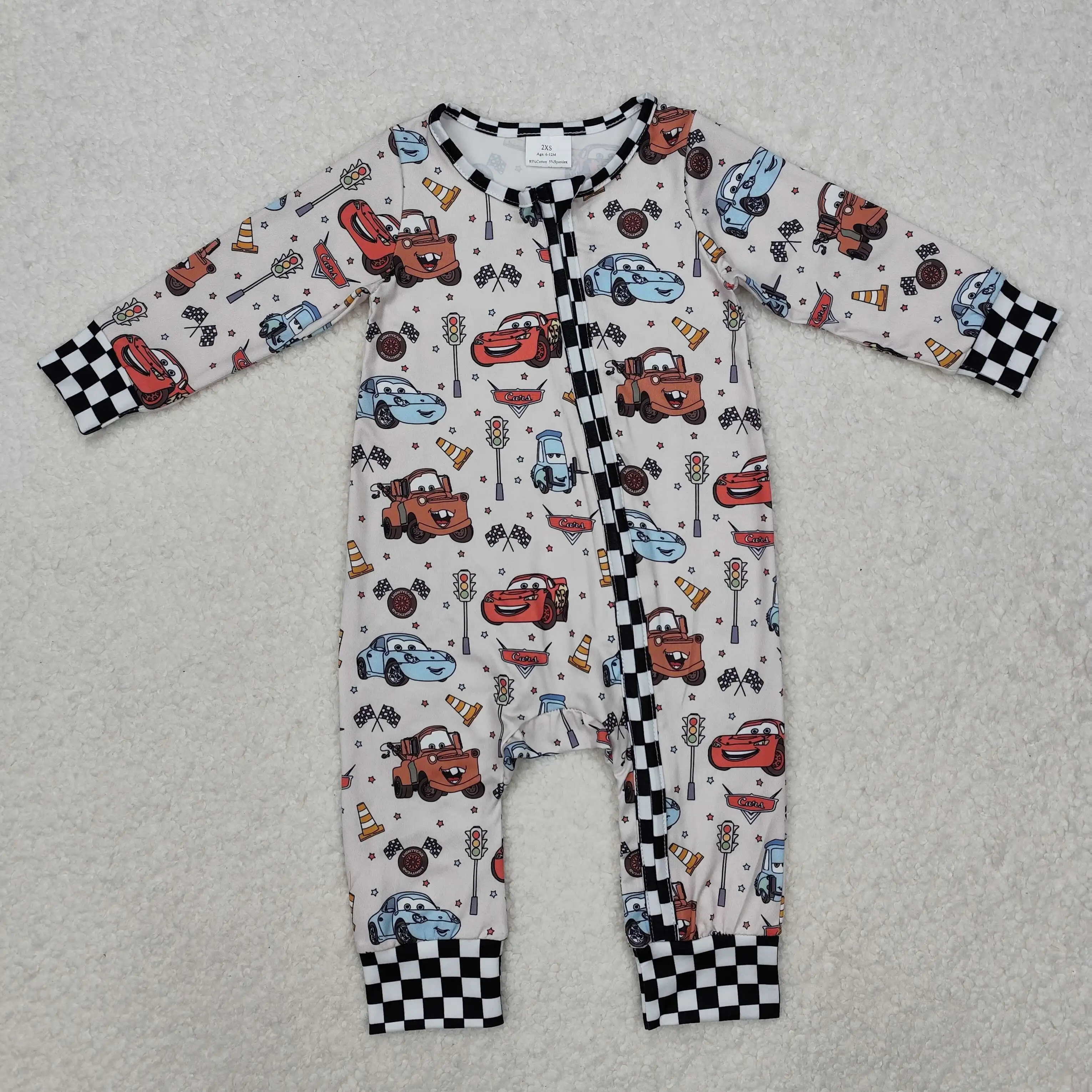 Summer Hot Sale Baby Infant Boys Cars Racing Flag Zip Rompers Wholesale Boutique Children Clothes Bodysuit