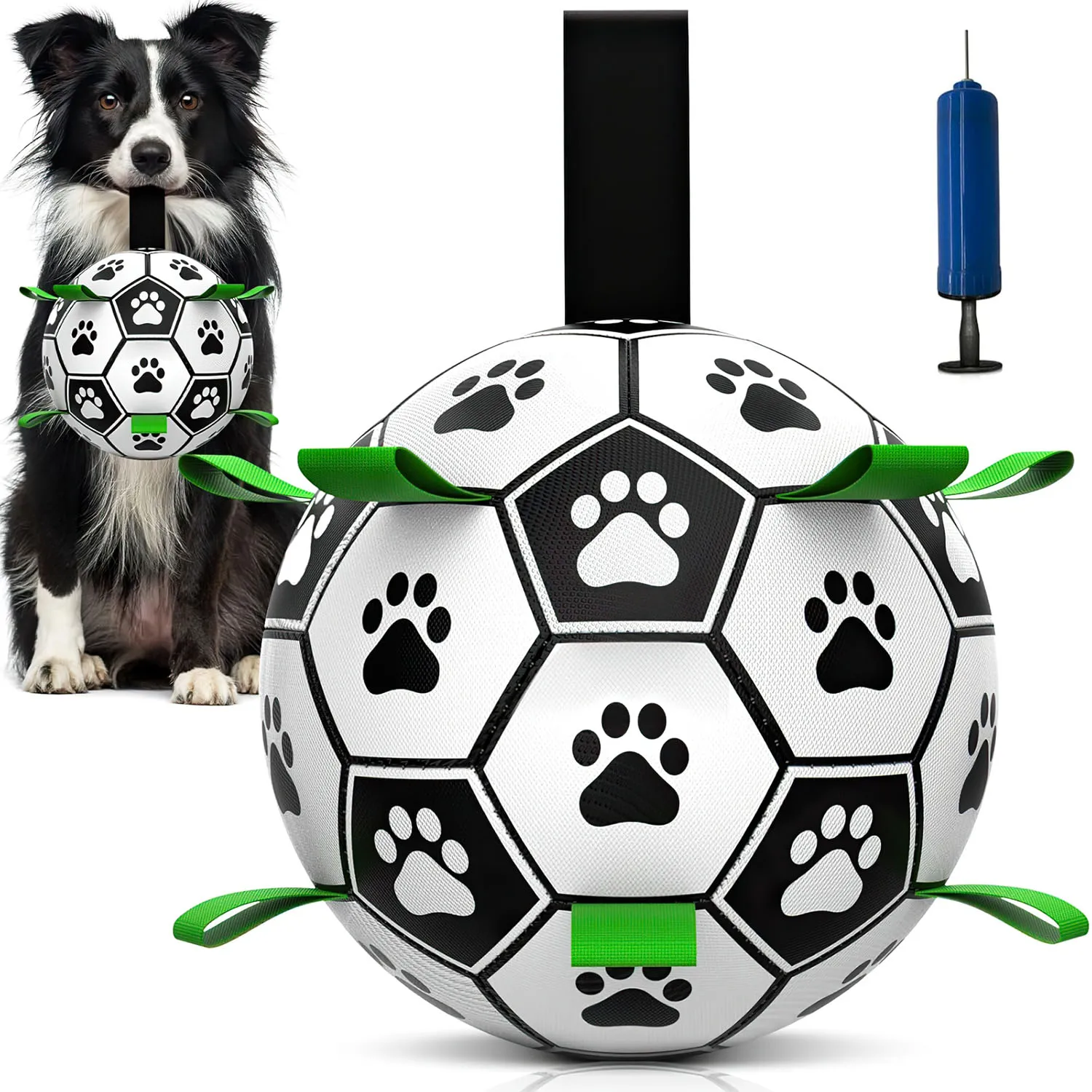 Pallone da Calcio Interattivo per Cani 6" X 9" Bianco e Nero, Pallone da Calcio Galleggiante Resistente con Maniglie per Addestramento e Giochi di Recupero