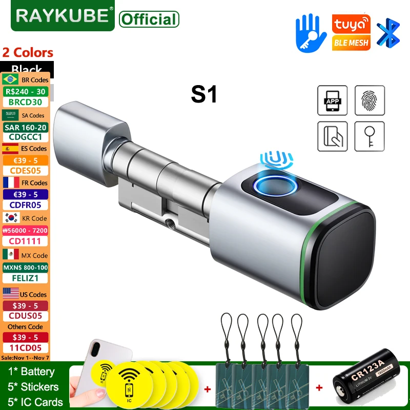 

RAYKUBE S1 with CR123A Battery Tuya BLE TT Lock Smart Electronic Fingerprint Door Lock For EU SA the Middle East Countries