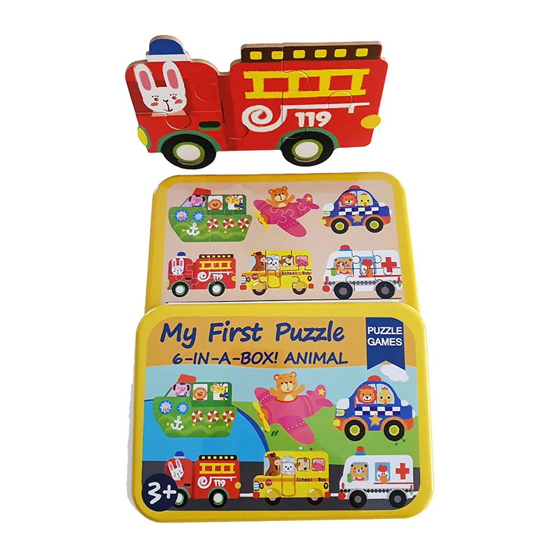 6 in 1 Multiple puzzles: animal drivers boat, bus, ambulance, police car, fire engine and plane