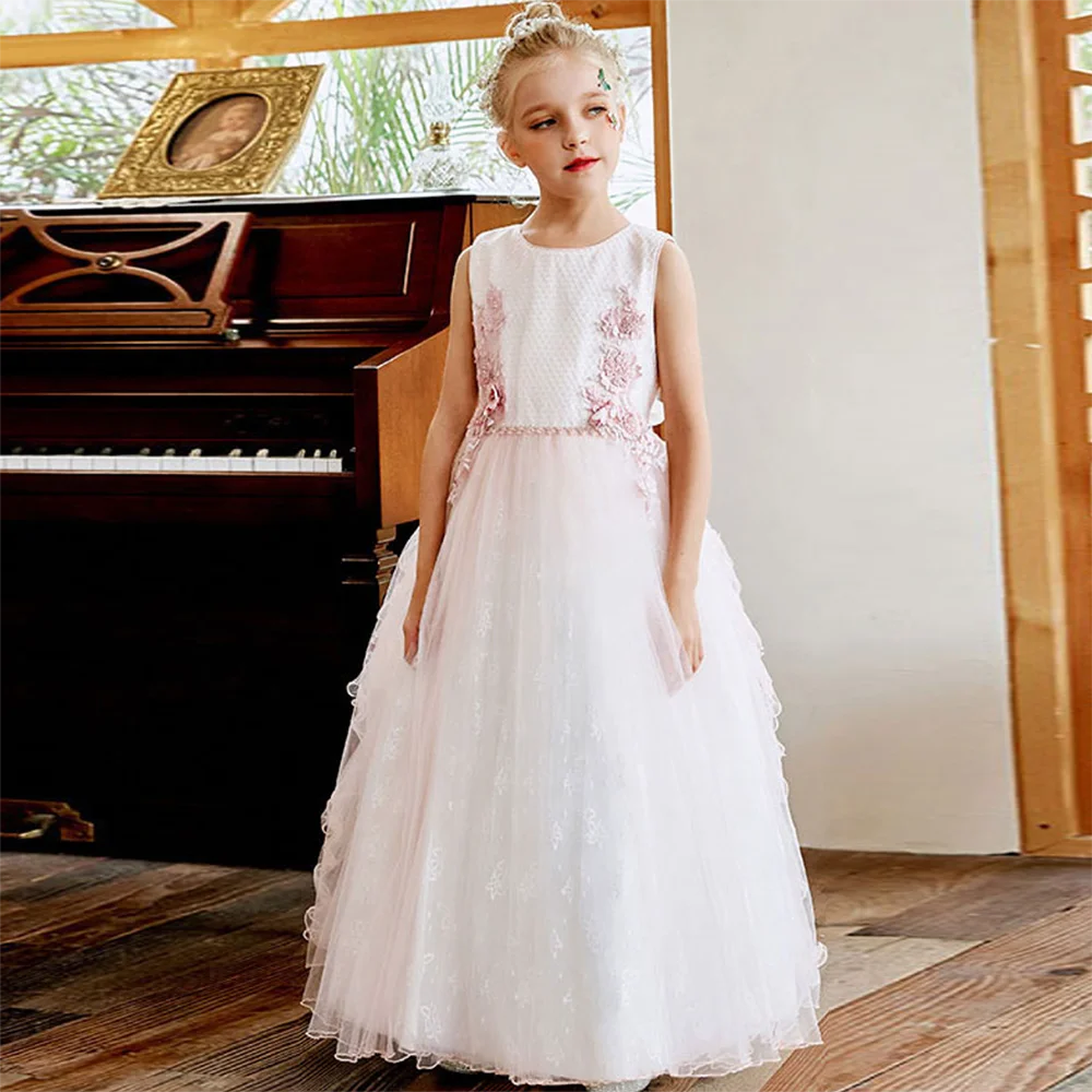 

Puffy Flower Girl Dresses Pink Princess Piping Lace First Communion Gowns Wedding Party Dress Baby Birthday Clother