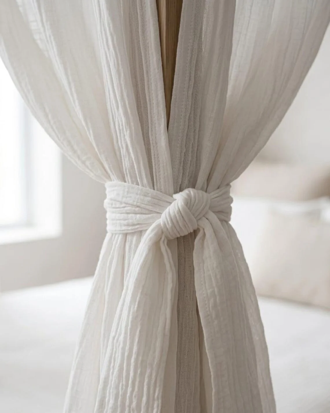 Gekräuselte 100% Baumwoll-Musselin Bettbaldachin-Paneele, Boho Schlafzimmer-Vorhänge, Weiche Atmungsaktive Vierpfosten-Bettvorhänge Wohnzimmerdekoration – Detail 5