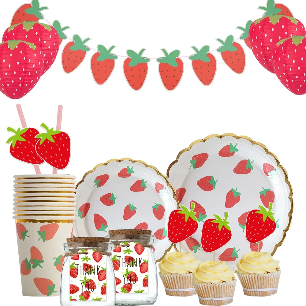 1 zestaw jednorazowych papierowych słomek do zastawy stołowej z serii Strawberry StcikerFor Kids Summer Sweet One Strawberry Birthday Decoration Supply — zdjęcie 2