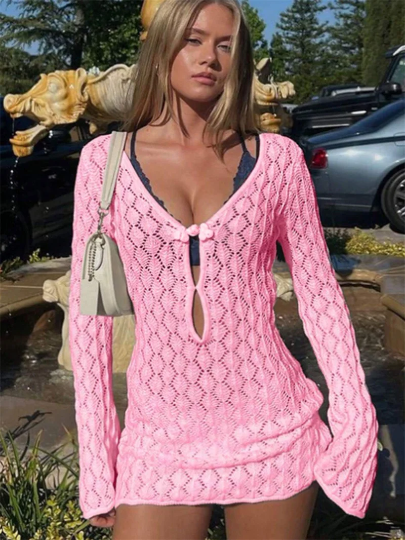 

Женское короткое облегающее платье с длинным рукавом и глубоким V-образным вырезом, пляжное прозрачное вязаное крючком бикини, сексуальный ажурный вязаный купальник, женский купальник