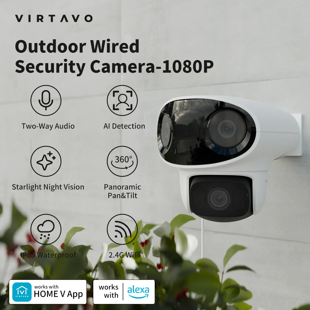 

virtavo Outdoor Wired Security Camera, 360° Pan/Tilt, Color Night Vision, AI Motion Detection, Starlight Lens, 2-Way Audio, Weat