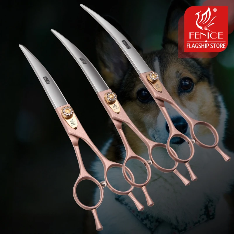 Fenice Professional 7 inch 7.5 inch 8 inch rose gold pet dog small animal grooming hair cut curved scissors