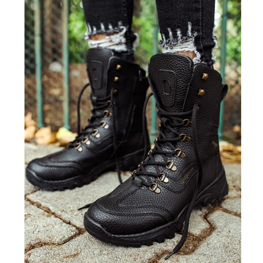 FOH Store 2023 Boots for Men BLACK Artificial Leather Lace-Up Winter Fashion Warm Snow Plus Size Ankle Footwear High Quality Military Shoes Tactical