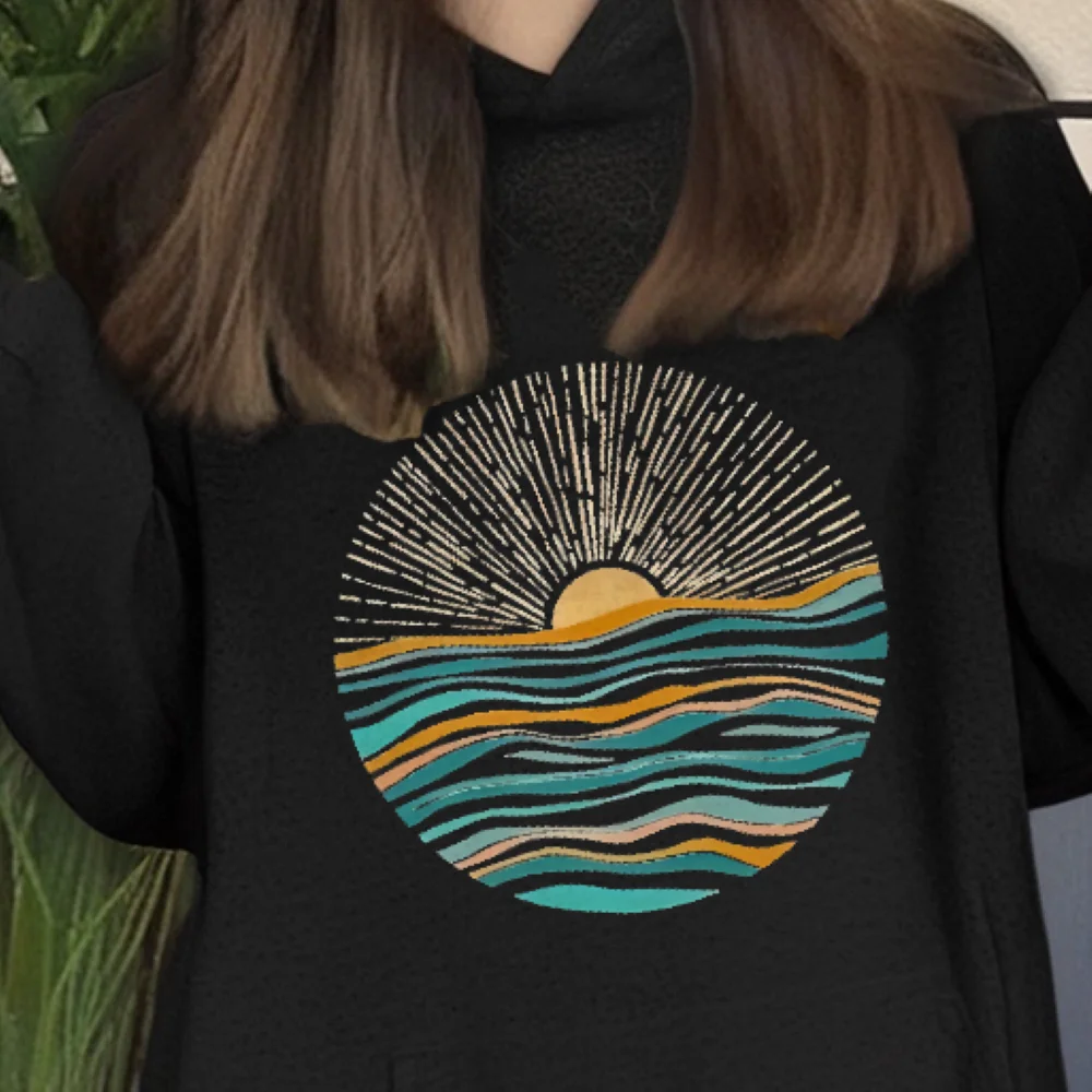 Hoodie Grafis Gelombang Sunburst Desain Pesisir Retro Pakaian Atasan Trendi Seni Unik Nyaman Lengan Panjang Longgar Kasual Bergaya