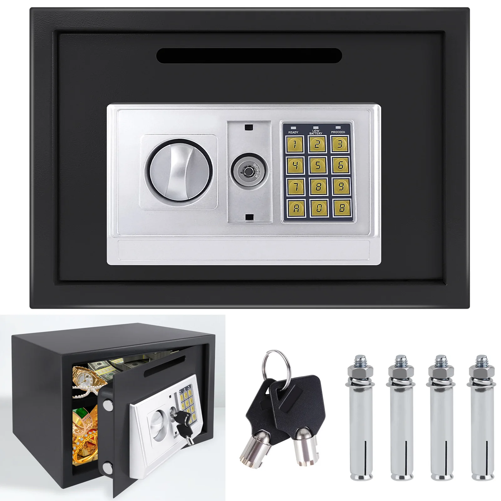 16L Elektronischer Digitaler Safe, Feuerfester Sicherheitstresor für Zuhause und Büro, Geld- und Schmuck-Sicherheitsbox aus Stahl mit 2 Schlüsseln, Wandmontierter Mini-Safe für Zuhause, Büro, Hotel,