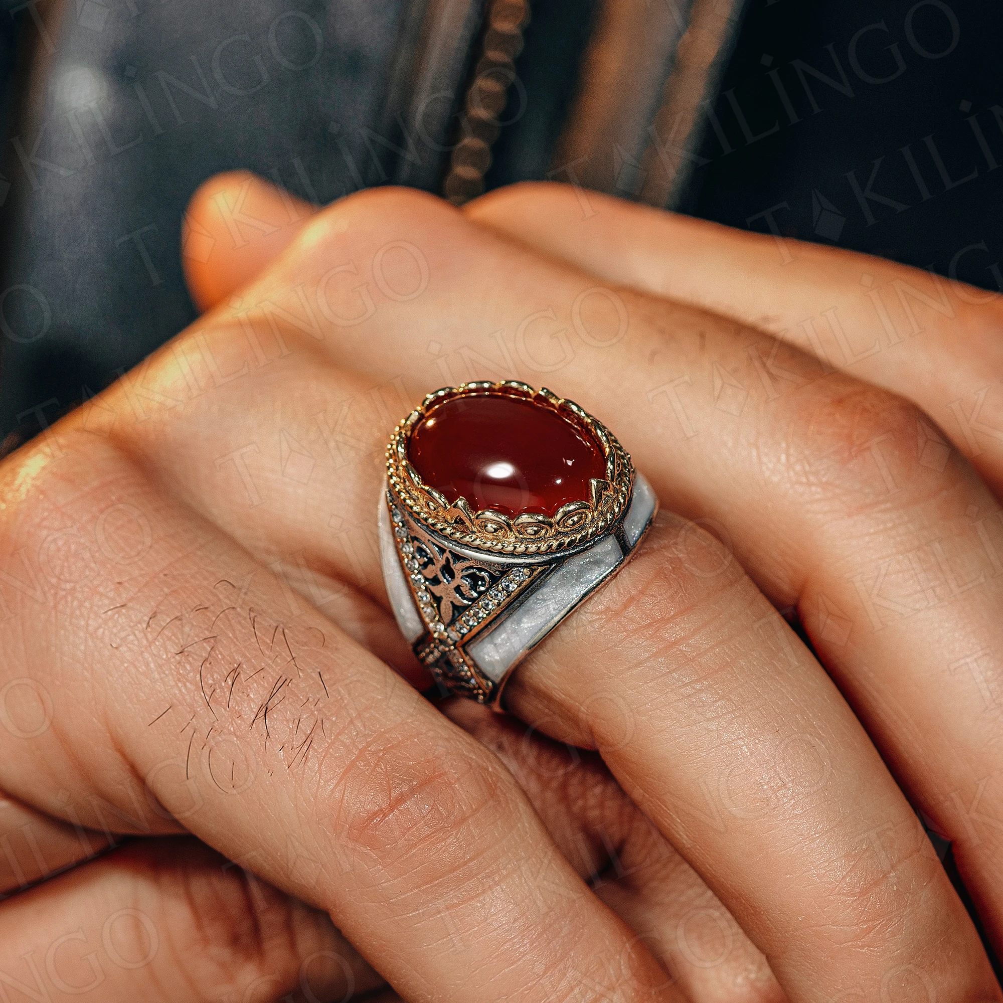 

Genuine Solid 925 Sterling Silver White Enemal Red Agate (Aqeeq) Stone Men's Ring